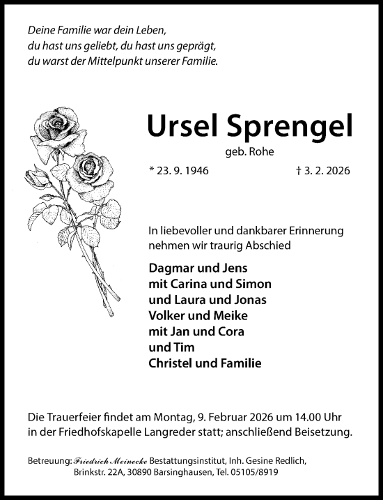 Traueranzeige von Ursel Sprengel von Hannoversche Allgemeine Zeitung/Neue Presse