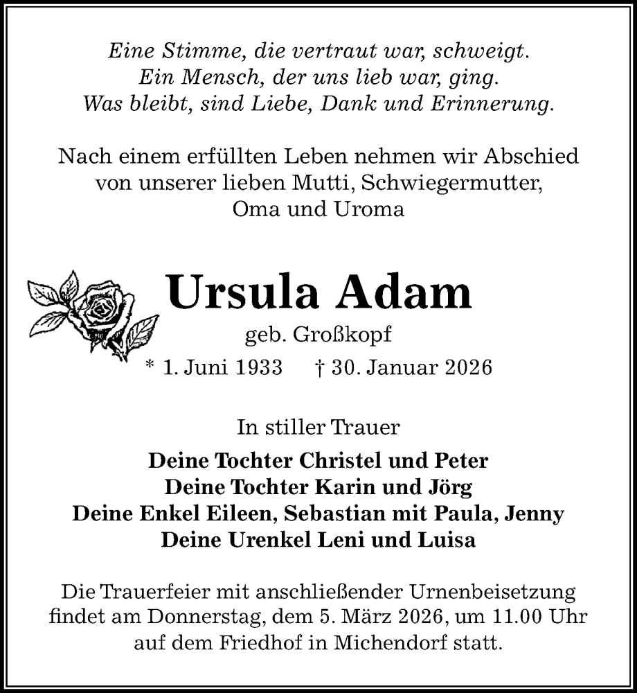  Traueranzeige für Ursula Adam vom 07.02.2026 aus Märkischen Allgemeine Zeitung