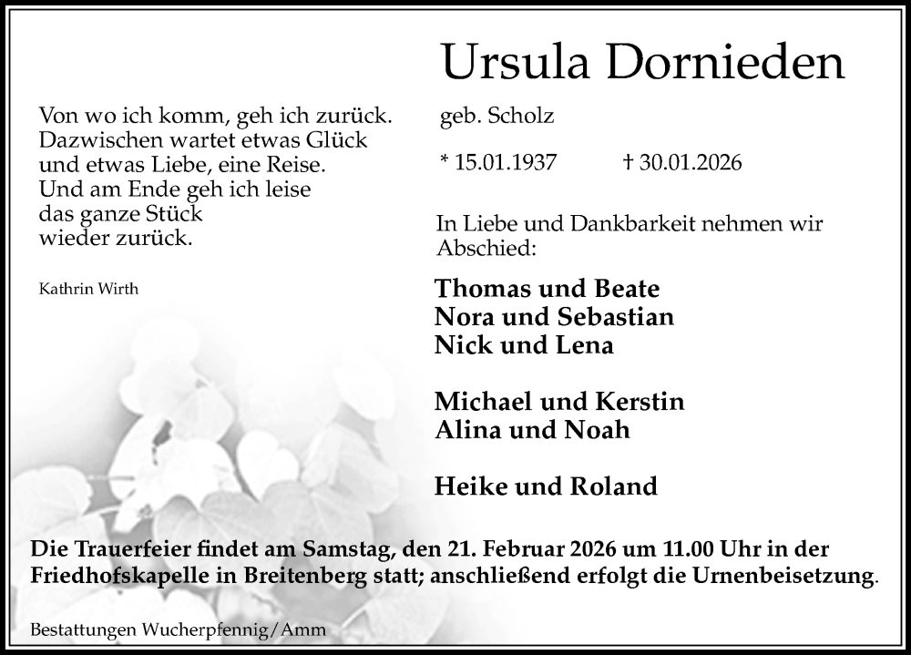  Traueranzeige für Ursula Dornieden vom 14.02.2026 aus Eichsfelder Tageblatt
