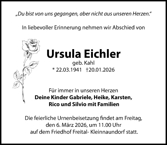 Traueranzeige von Ursula Eichler von Sächsische Zeitung