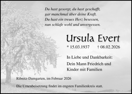 Traueranzeige von Ursula Evert von Ostsee-Zeitung GmbH