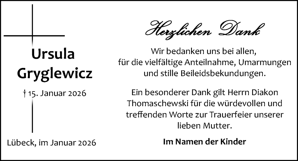  Traueranzeige für Ursula Gryglewicz vom 01.02.2026 aus Lübecker Nachrichten