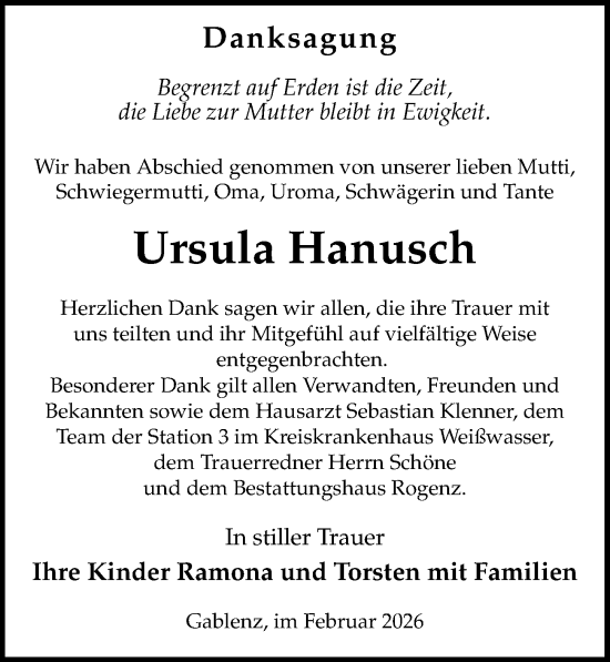 Traueranzeige von Ursula Hanusch von Sächsische Zeitung
