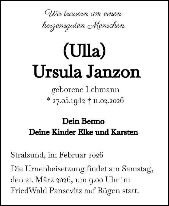 Traueranzeige von Ursula Janzon von Ostsee-Zeitung GmbH