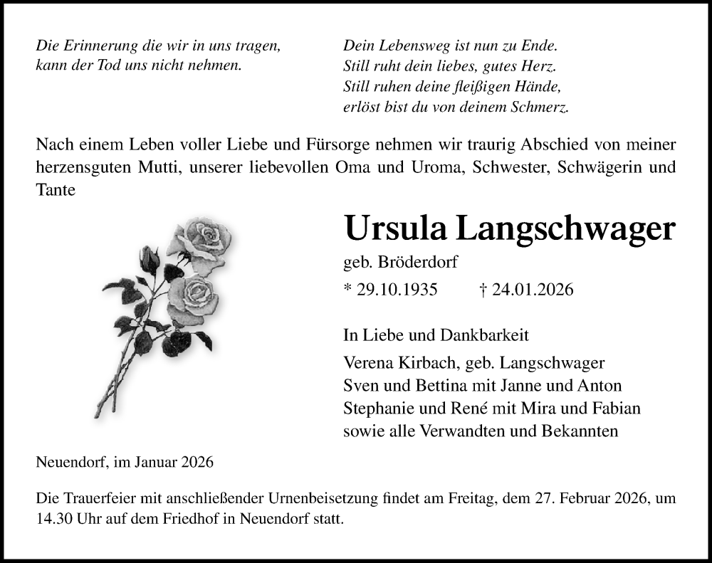  Traueranzeige für Ursula Langschwager vom 07.02.2026 aus Ostsee-Zeitung GmbH