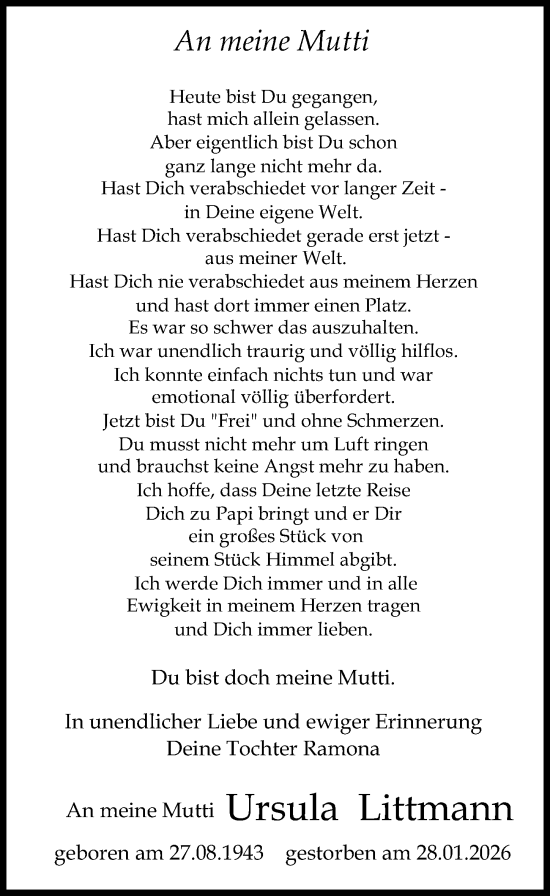 Traueranzeige von Ursula Littmann von Ostsee-Zeitung GmbH