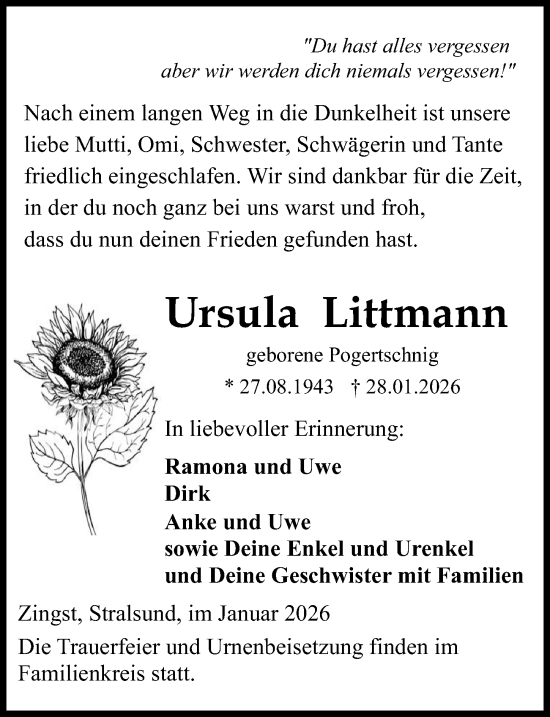 Traueranzeige von Ursula Littmann von Ostsee-Zeitung GmbH