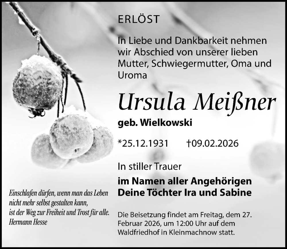  Traueranzeige für Ursula Meißner vom 14.02.2026 aus Märkischen Allgemeine Zeitung