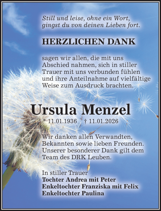 Traueranzeige von Ursula Menzel von Sächsische Zeitung