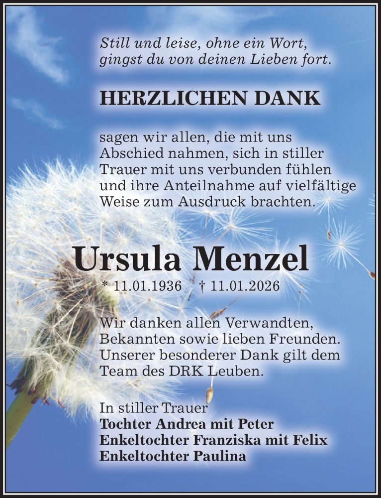  Traueranzeige für Ursula Menzel vom 21.02.2026 aus Sächsische Zeitung