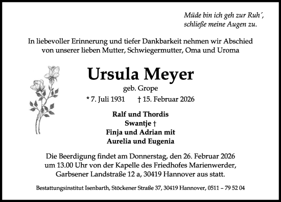 Traueranzeige von Ursula Meyer von Hannoversche Allgemeine Zeitung/Neue Presse