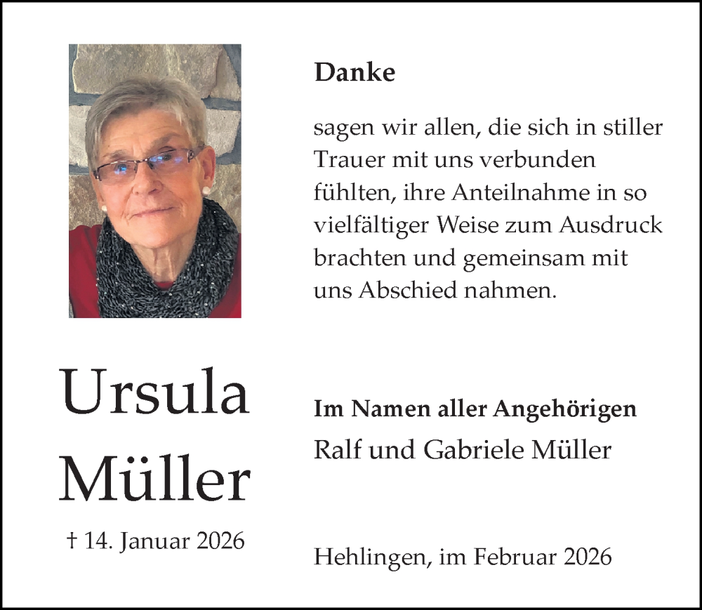  Traueranzeige für Ursula Müller vom 14.02.2026 aus Aller Zeitung