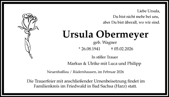 Traueranzeige von Ursula Obermeyer von Eichsfelder Tageblatt