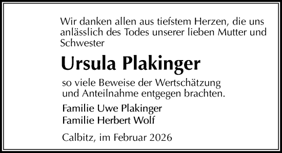 Traueranzeige von Ursula Plakinger von Leipziger Volkszeitung