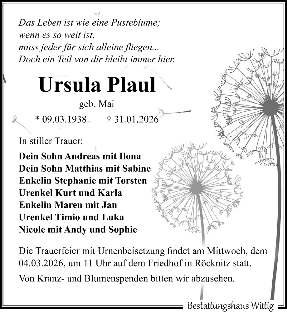  Traueranzeige für Ursula Plaul vom 14.02.2026 aus Leipziger Volkszeitung