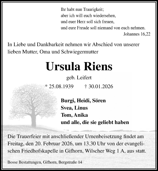 Traueranzeige von Ursula Riens von Aller Zeitung