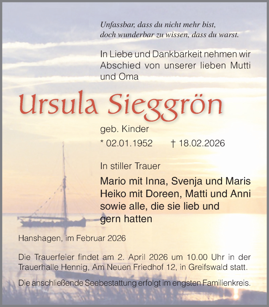  Traueranzeige für Ursula Sieggrön vom 28.02.2026 aus Ostsee-Zeitung GmbH