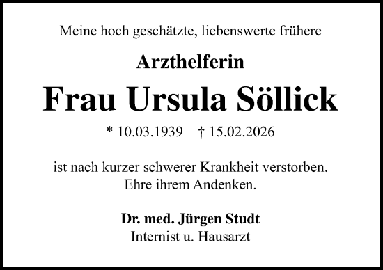 Traueranzeige von Ursula Söllick von Lübecker Nachrichten