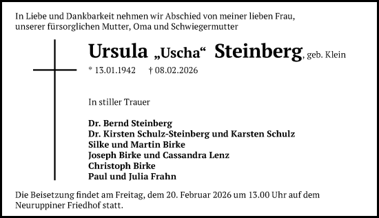 Traueranzeige von Ursula Steinberg von Märkischen Allgemeine Zeitung