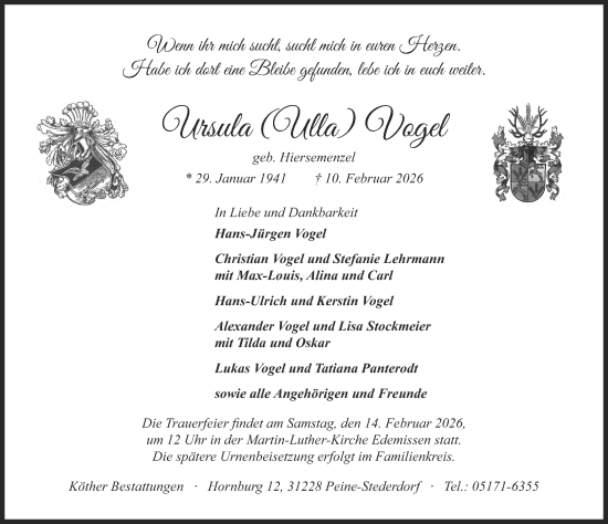 Traueranzeige von Ursula Vogel von Peiner Allgemeine Zeitung