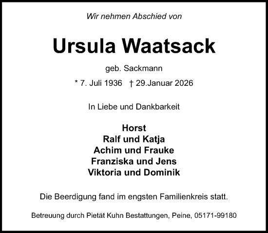 Traueranzeige von Ursula Waatsack von Peiner Allgemeine Zeitung