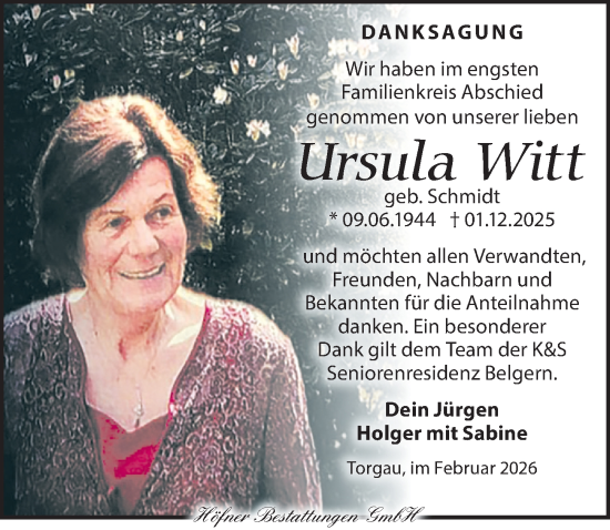 Traueranzeige von Ursula Witt von Torgauer Zeitung
