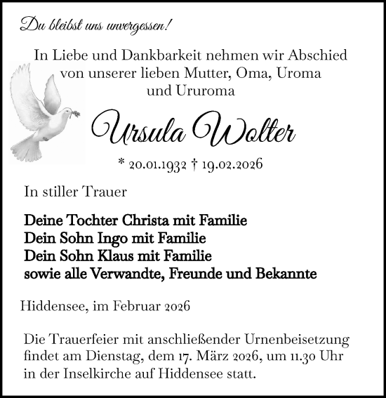 Traueranzeige von Ursula Wolter von Ostsee-Zeitung GmbH