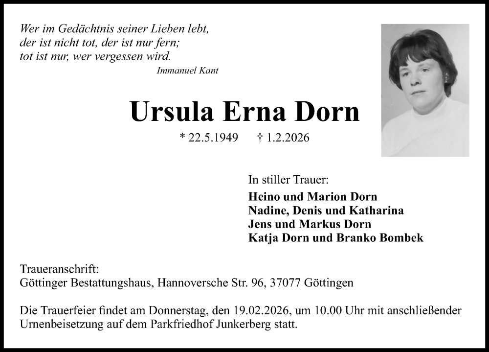  Traueranzeige für Ursula Erna Dorn vom 14.02.2026 aus Göttinger Tageblatt