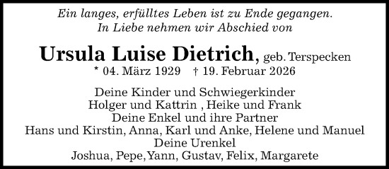 Traueranzeige von Ursula Luise Dietrich von Sächsische Zeitung