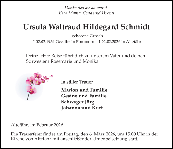 Traueranzeige von Ursula Waltraud Hildegard Schmidt von Ostsee-Zeitung GmbH