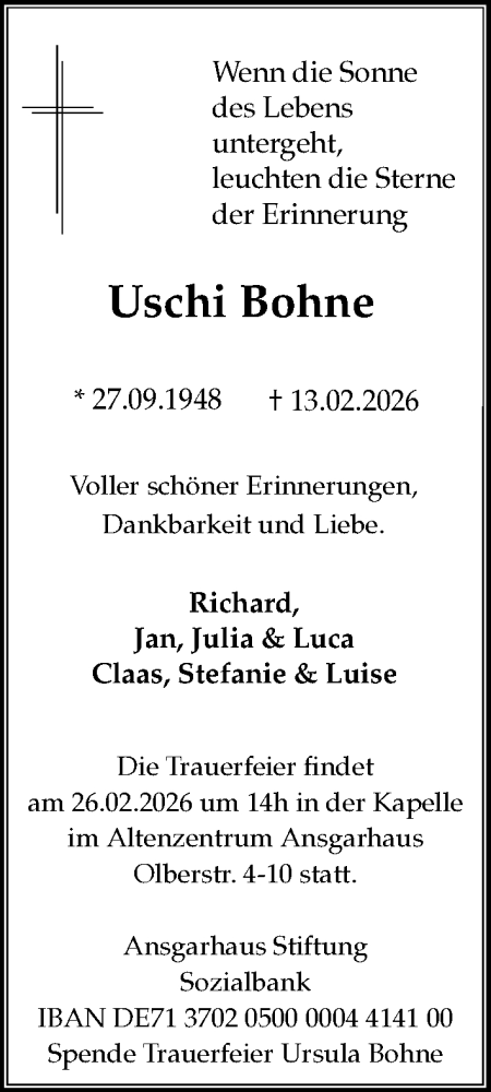 Traueranzeige von Uschi Bohne von Hannoversche Allgemeine Zeitung/Neue Presse