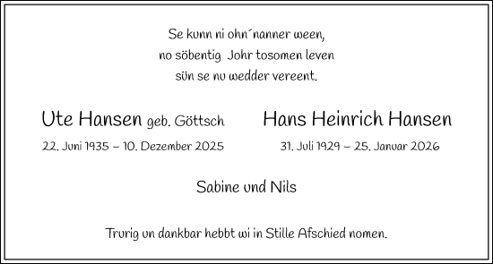 Traueranzeige von Ute Hansen von Kieler Nachrichten