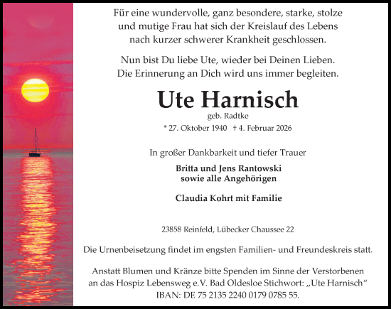 Traueranzeige von Ute Harnisch von Lübecker Nachrichten