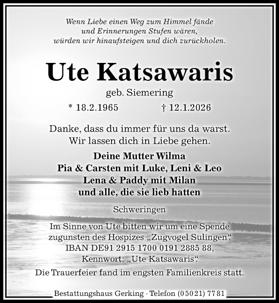 Traueranzeige von Ute Katsawaris von Die Harke