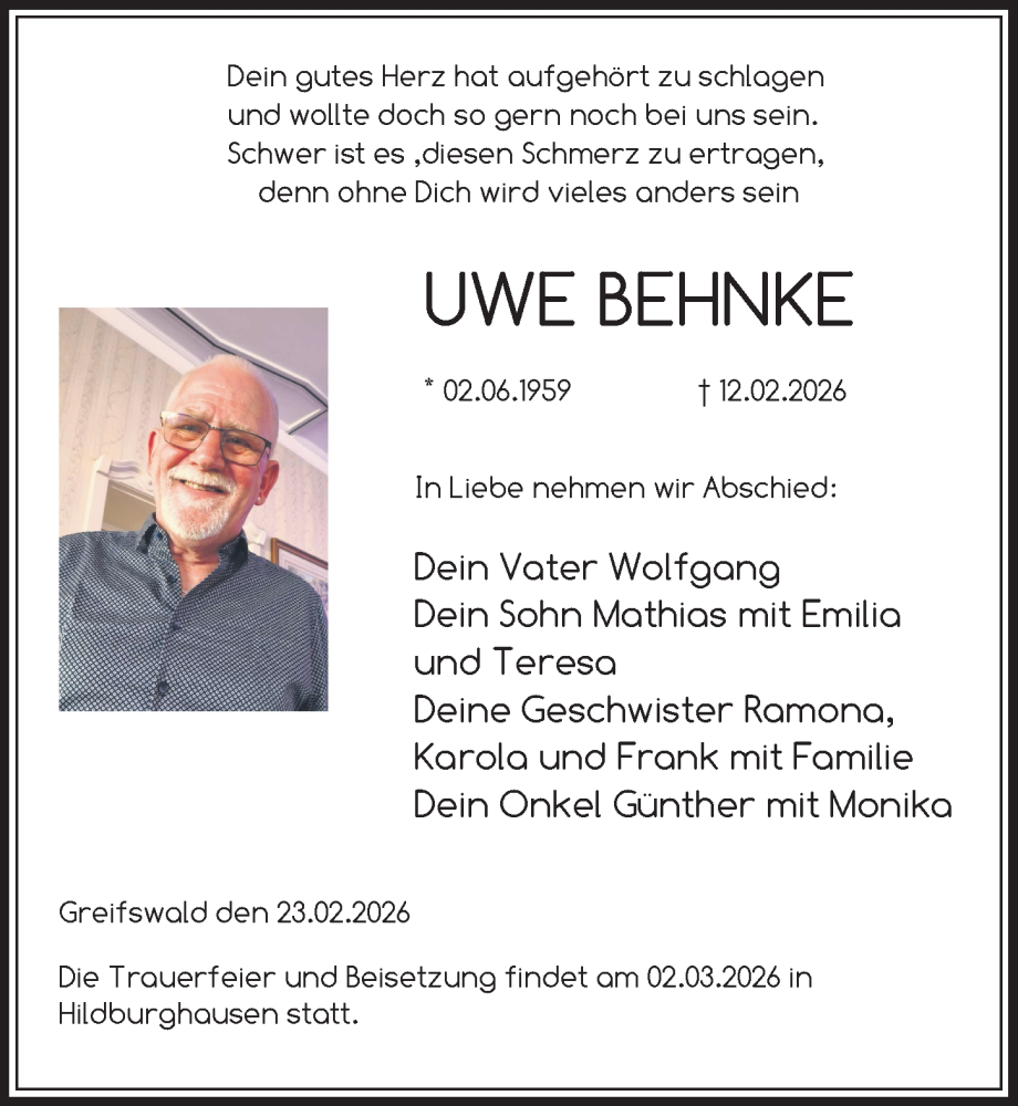  Traueranzeige für Uwe Behnke vom 28.02.2026 aus Ostsee-Zeitung GmbH