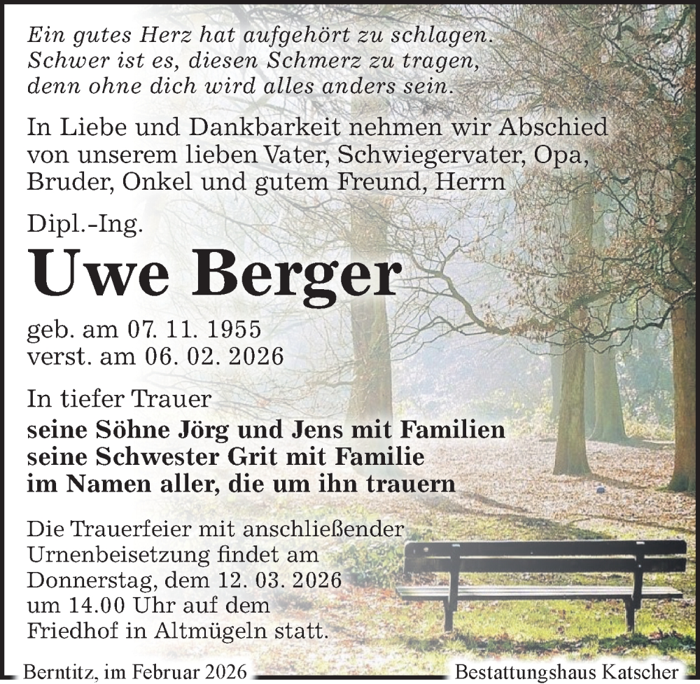  Traueranzeige für Uwe Berger vom 21.02.2026 aus Sächsische Zeitung