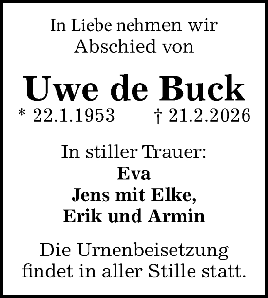 Traueranzeige von Uwe de Buck von Sächsische Zeitung