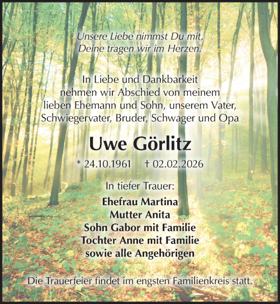 Traueranzeige von Uwe Görlitz von Sächsische Zeitung