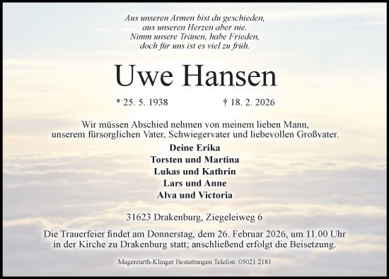 Traueranzeige von Uwe Hansen von Die Harke