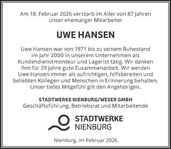 Traueranzeige von Uwe Hansen von Die Harke