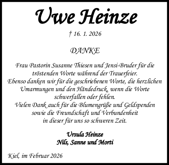 Traueranzeige von Uwe Heinze von Kieler Nachrichten