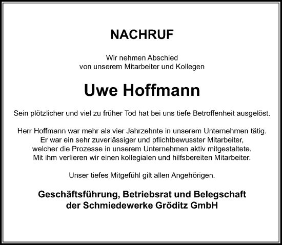 Traueranzeige von Uwe Hoffmann von Sächsische Zeitung