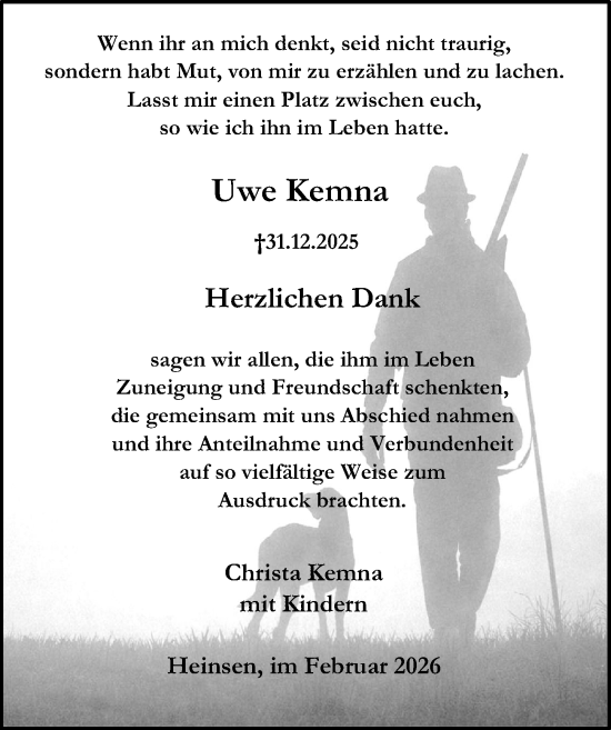 Traueranzeige von Uwe Kemna von Täglicher Anzeiger Holzminden