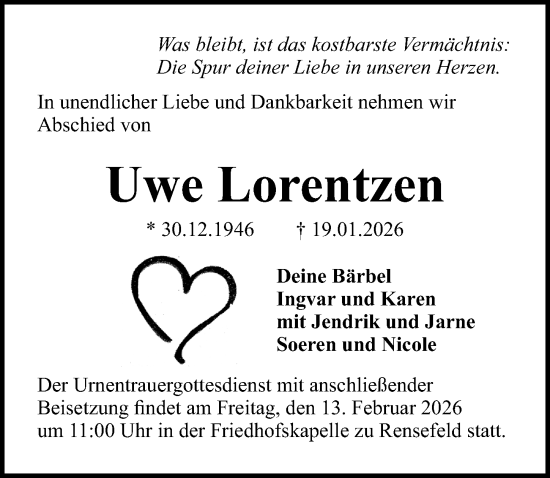 Traueranzeige von Uwe Lorentzen von Lübecker Nachrichten