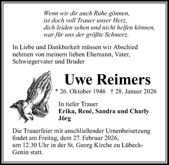 Traueranzeige von Uwe Reimers von Lübecker Nachrichten