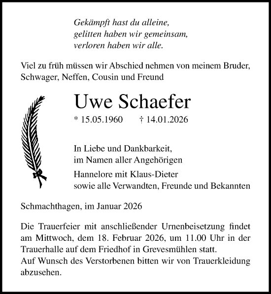 Traueranzeige von Uwe Schaefer von Ostsee-Zeitung GmbH