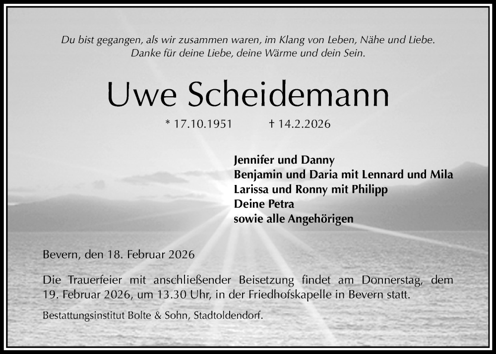  Traueranzeige für Uwe Scheidemann vom 18.02.2026 aus Täglicher Anzeiger Holzminden