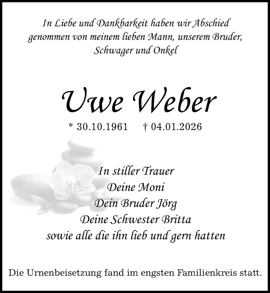 Traueranzeige von Uwe Weber von Wochenspiegel