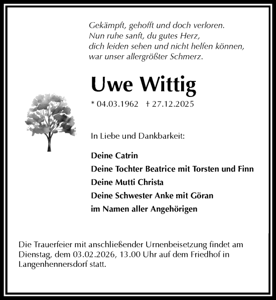 Traueranzeige von Uwe Wittig von Sächsische Zeitung