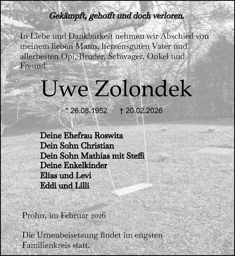  Traueranzeige für Uwe Zolondek vom 28.02.2026 aus Ostsee-Zeitung GmbH
